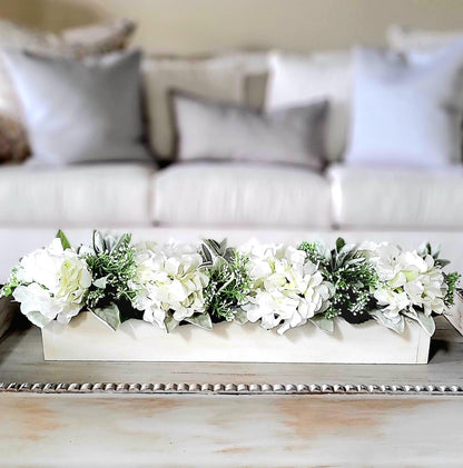 Silk Hydrangea Arrangement Custom Wooden Box Container Farmhouse Style Centerpiece Artificial Floral Display Handcrafted Table Decoration Faux Flower Collection Premium Quality Materials Realistic Looking Blooms Beautiful Home Accent