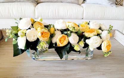 Modern glass vase floral arrangement dining table peony arrangement yellow flower arrangement long glass elegant arrangement gift for her
