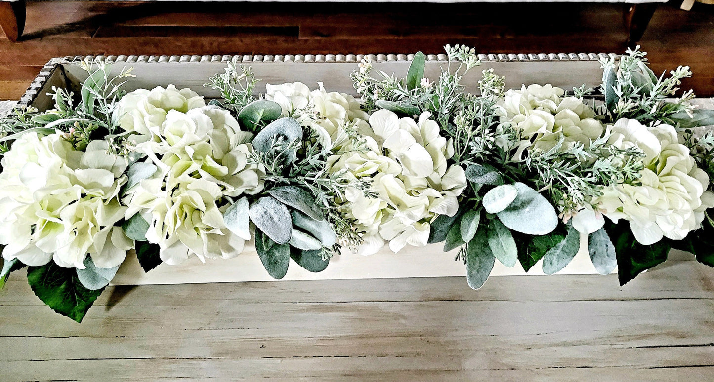 Spring Floral Arrangement Dining Table Long Box Centerpiece Hydrangea Flower Table Arrangement Wood Box Mantel Arrangement White Hydrangeas