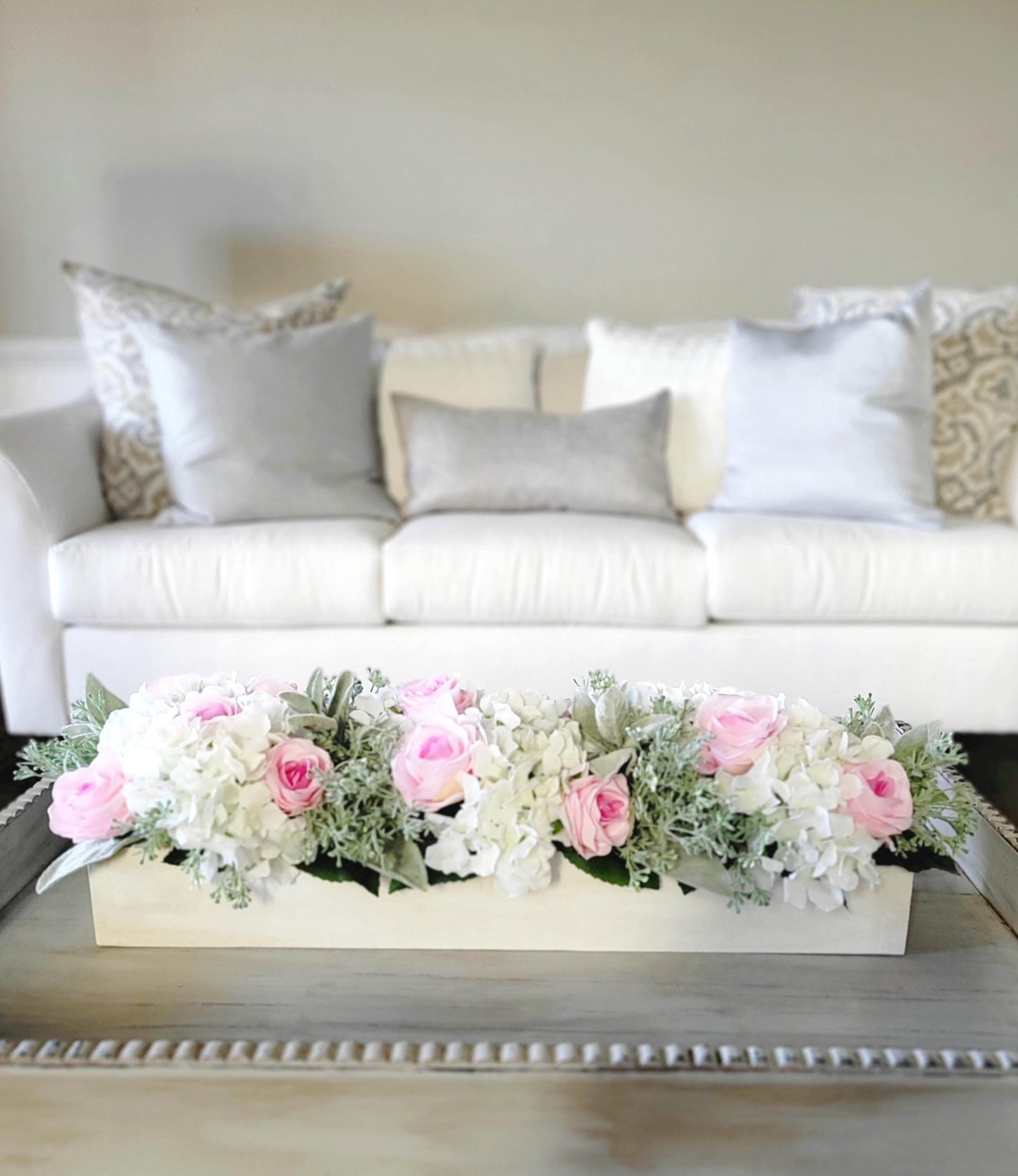 Dining Table Centerpiece – Pink Rose and Hydrangea Arrangement in Wooden Box