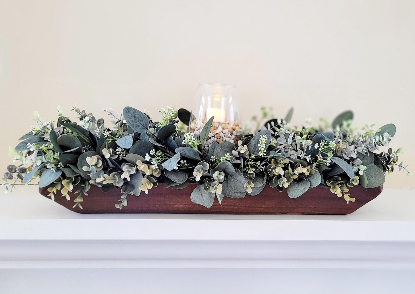 Farmhouse Dough Bowl Arrangement – Rustic Dining Table Centerpiece with Eucalyptus