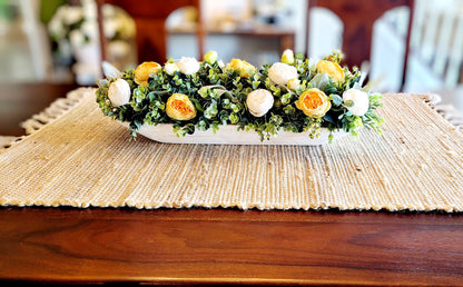 Dough Bowl Centerpiece – Handcarved Whitewash Silk Peony Farmhouse Arrangement