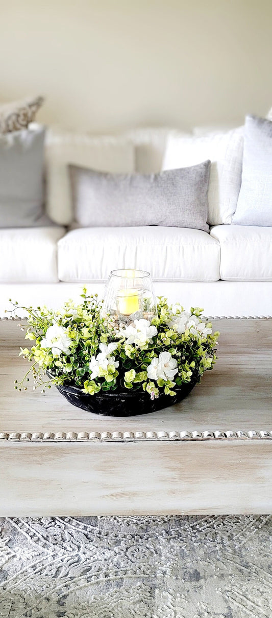 Farmhouse Table Centerpiece Lighted Rustic Dough Bowl Wedding Reception Decoration Handcrafted Design Modern Country Style Elegant Table Arrangement Round Table Display Perfect Home Accent Creates Warm Ambiance Versatile Decorative Piece