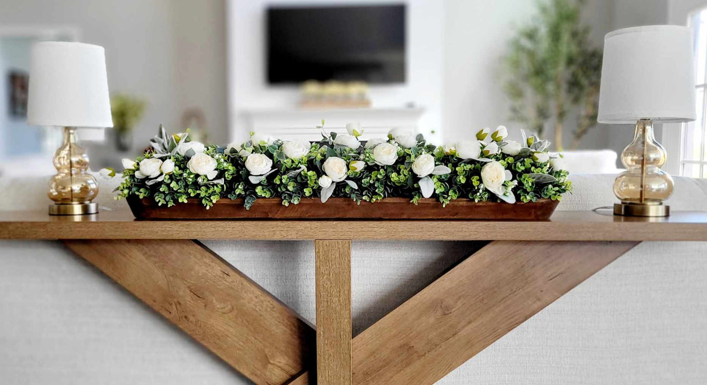 Wedding Table Centerpiece – Rustic Peony Floral Arrangement in Dough Bowl