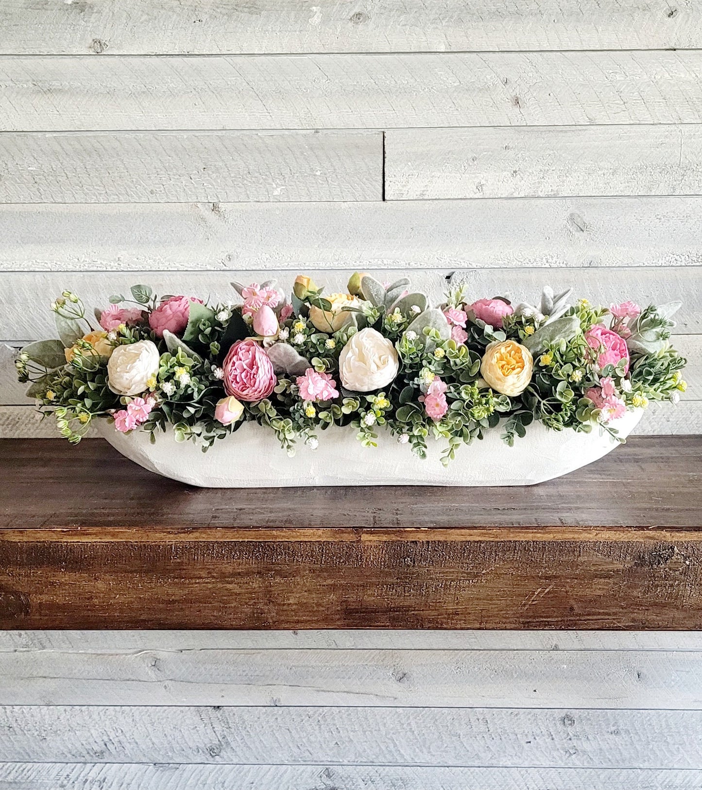 Rustic Farmhouse Centerpiece Hand Carved Wooden Bowl Spring Flower Arrangement Dining Table Decoration Country Style Decor Artificial Peony Collection Greenery Display Decorative Accent Piece Traditional Home Design Spring Season Focal