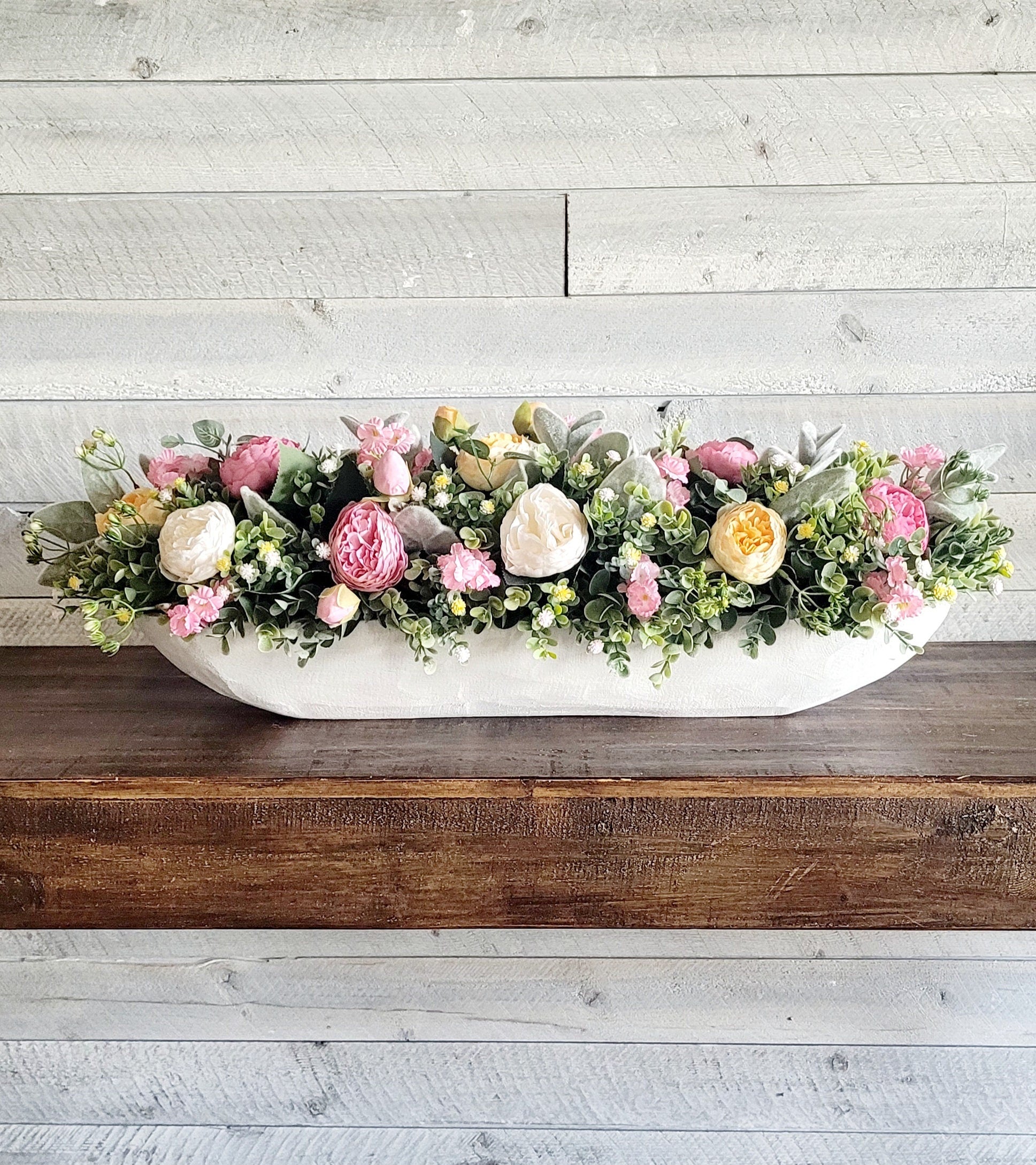 Rustic Farmhouse Centerpiece Hand Carved Wooden Bowl Spring Flower Arrangement Dining Table Decoration Country Style Decor Artificial Peony Collection Greenery Display Decorative Accent Piece Traditional Home Design Spring Season Focal
