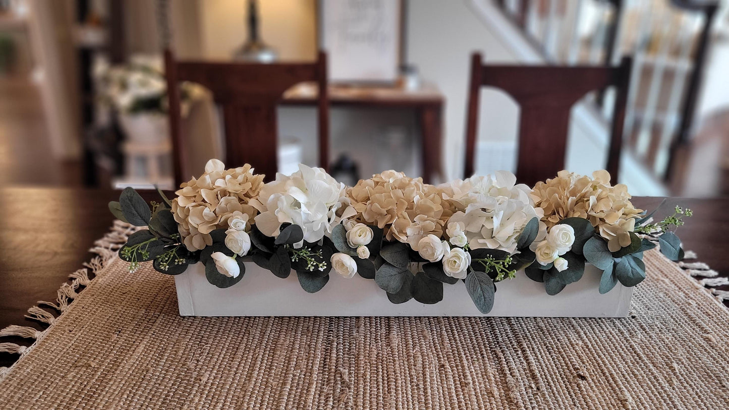 Versatile Floral Centerpiece Artificial Hydrangea Arrangement Silk Rose Display Wooden Box Container Wedding Table Decor Dining Room Accent Mantle Decoration Spa Setting Enhancement Realistic Faux Flowers Eucalyptus Greenery Multiple Use