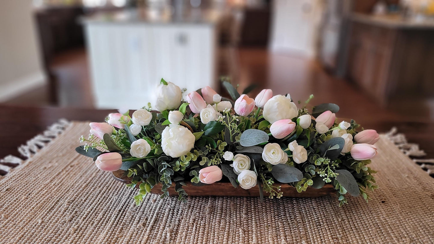 Spring Table Centerpiece – Faux Tulip and Peony Arrangement in Wooden Dough Bowl