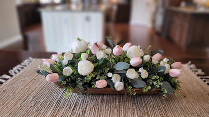Spring Table Centerpiece – Faux Tulip and Peony Arrangement in Wooden Dough Bowl