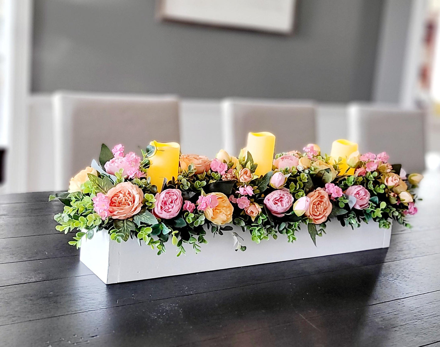 Dining Room Arrangement Peony Silk Flower Coral Flowers Peach Flower Arrangement Spring Table Decor Wood Box Table Centerpiece With Candles