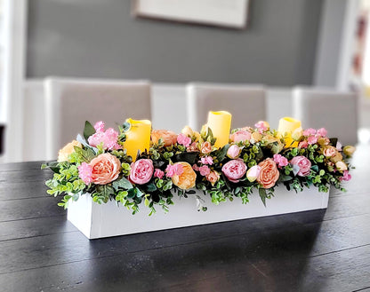 Dining Room Arrangement Peony Silk Flower Coral Flowers Peach Flower Arrangement Spring Table Decor Wood Box Table Centerpiece With Candles