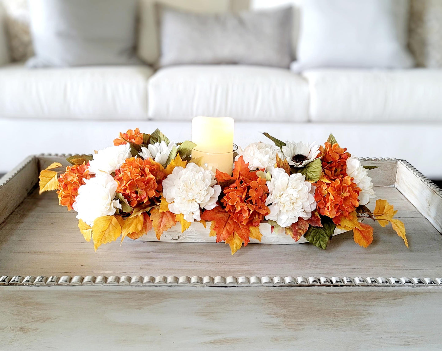 Farmhouse fall Centerpiece Fall dining table arrangement fall candle arrangement gift new home floral gift fall entry decor dough bowl fall