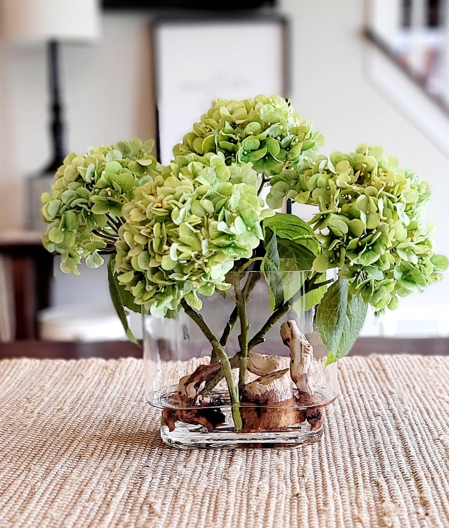 Faux Hydrangea Arrangement – Realistic Silk Flower in Glass Vase for French Country Farmhouse