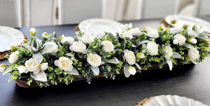 Wedding Table Centerpiece – Rustic Peony Floral Arrangement in Dough Bowl