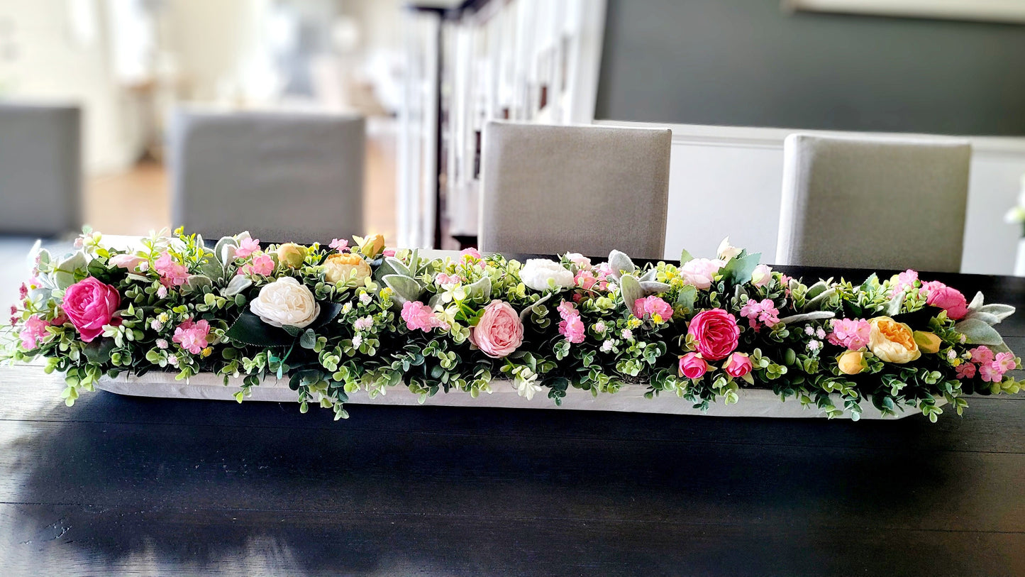 Dough Bowl Centerpiece – Hand Carved Wooden Spring Flower Arrangement