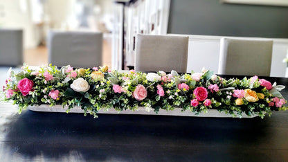 Dough Bowl Centerpiece – Hand Carved Wooden Spring Flower Arrangement