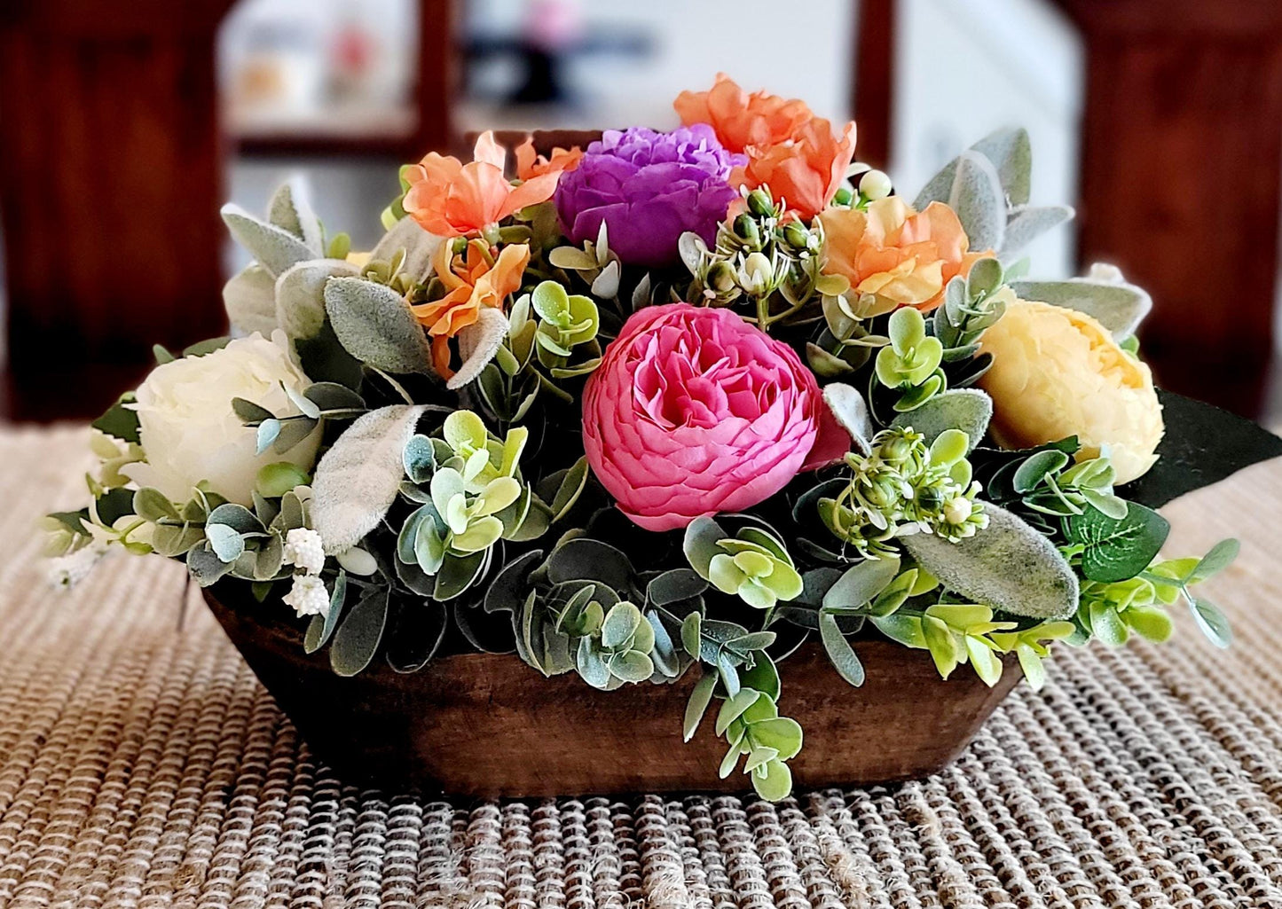 Dough Bowl Centerpiece – Handcarved Wooden Bowl with Realistic Cream Peonies