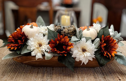 Fall Dough Bowl Arrangement Fall Flowers Candle Centerpiece Fall Arrangement Hand Carved Dough Bowl Sunflower Table Arrangement Fall Floral