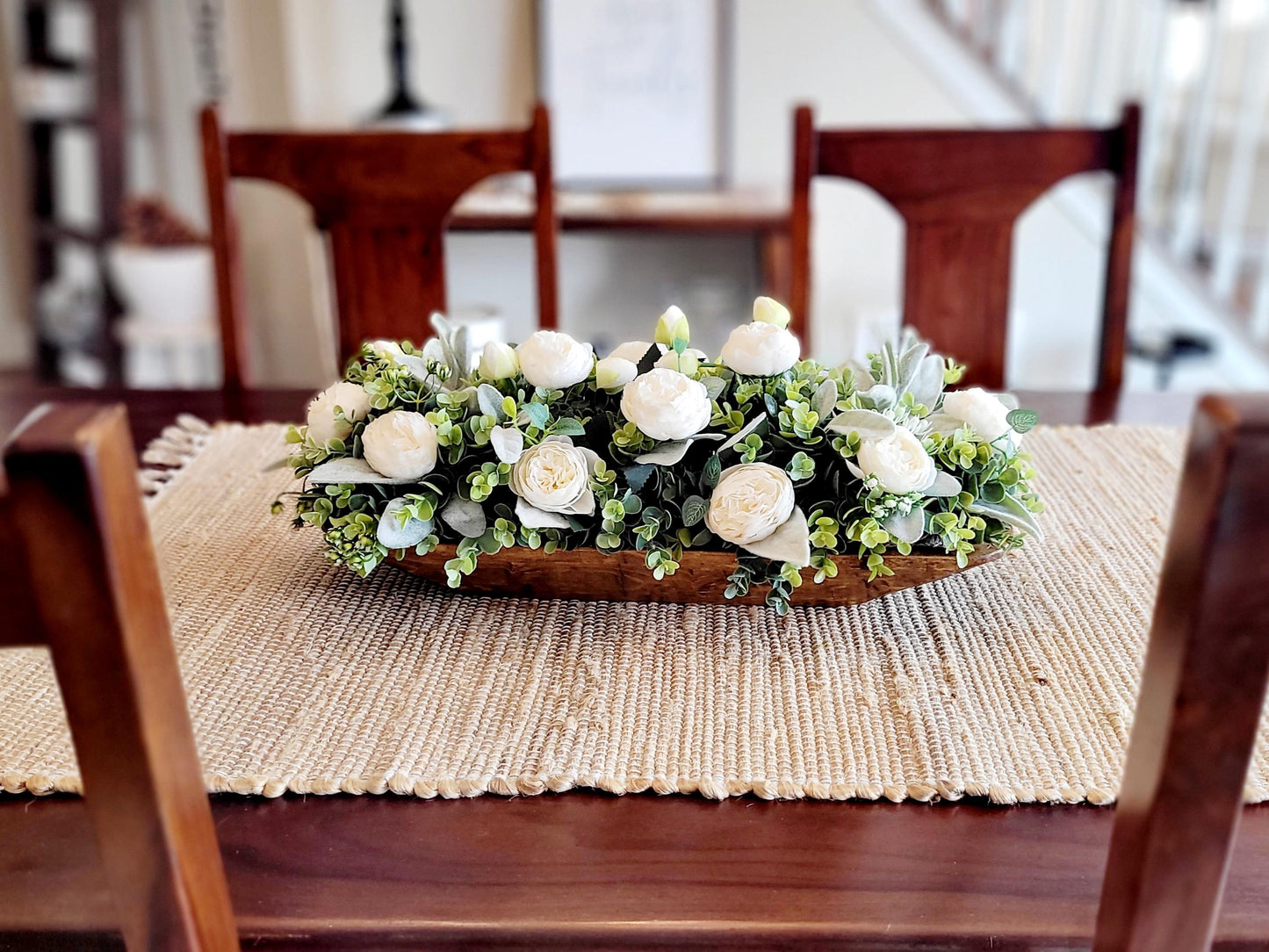 Farmhouse Table Centerpiece – Artificial Floral Arrangement in Wooden Dough Bowl