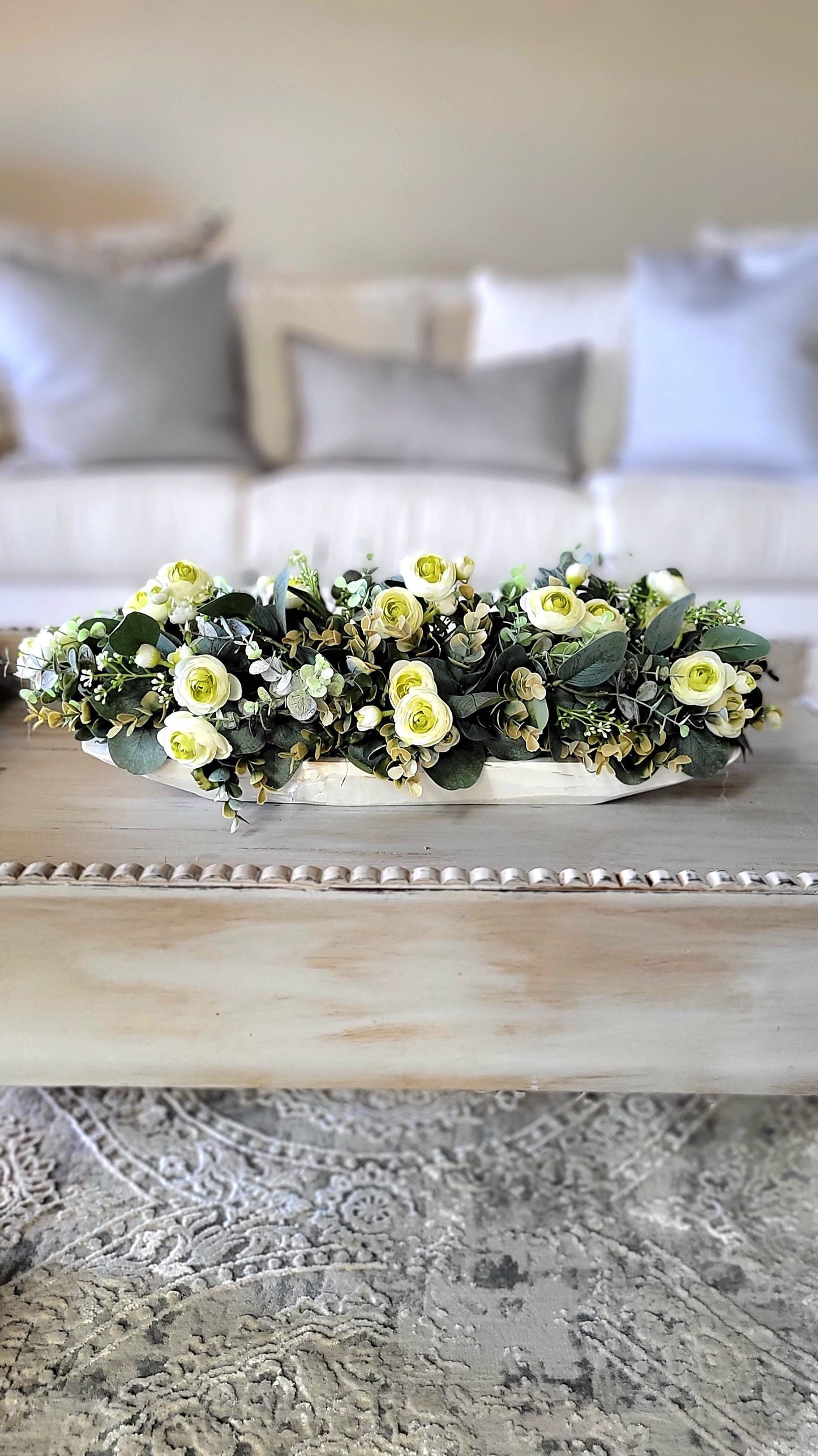 Wooden Dough Bowl Centerpiece Rustic Floral Arrangement Farmhouse Table Decoration Faux Rose Eucalyptus Display Country Style Accent Traditional Home Design Beautiful Dining Table Styling Realistic Artificial Flowers Elegant Greenery