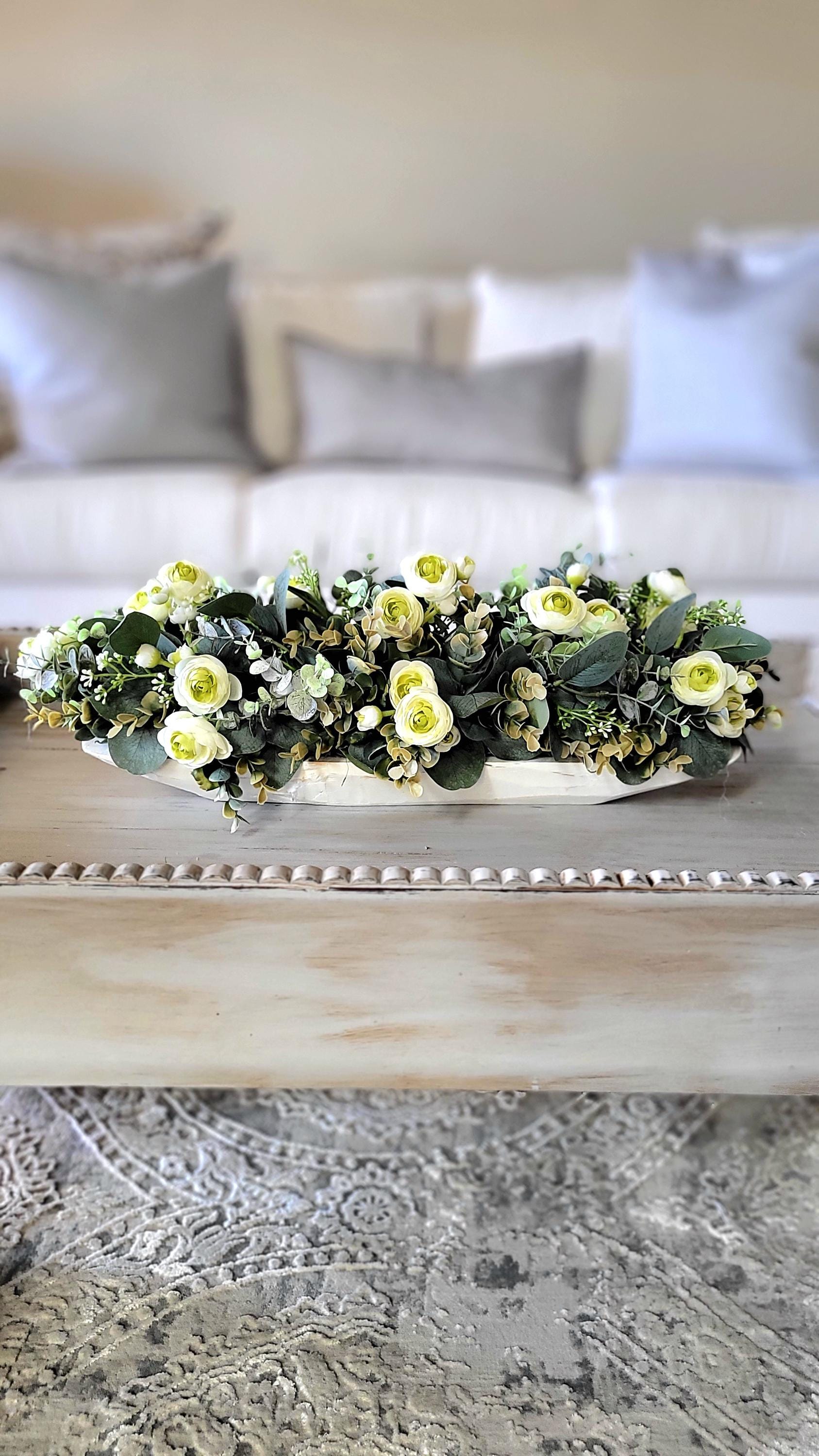 Wooden Dough Bowl Centerpiece Rustic Floral Arrangement Farmhouse Table Decoration Faux Rose Eucalyptus Display Country Style Accent Traditional Home Design Beautiful Dining Table Styling Realistic Artificial Flowers Elegant Greenery
