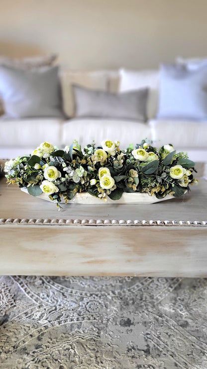 Wooden Dough Bowl Centerpiece Rustic Floral Arrangement Farmhouse Table Decoration Faux Rose Eucalyptus Display Country Style Accent Traditional Home Design Beautiful Dining Table Styling Realistic Artificial Flowers Elegant Greenery