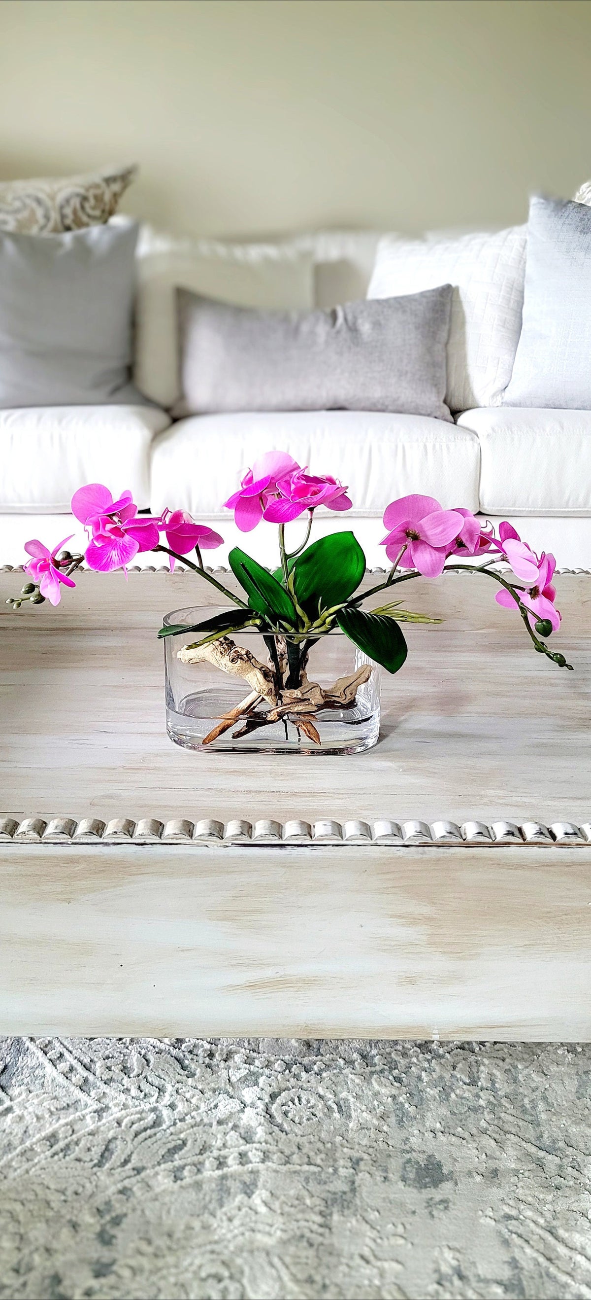 Silk Flower Arrangement Hot Pink Orchid Centerpiece Modern Glass Vase Design Luxury Dining Table Display Artificial Floral Collection Realistic Faux Water Driftwood Details Elegant Home Styling Contemporary French Country Accent Maintenance
