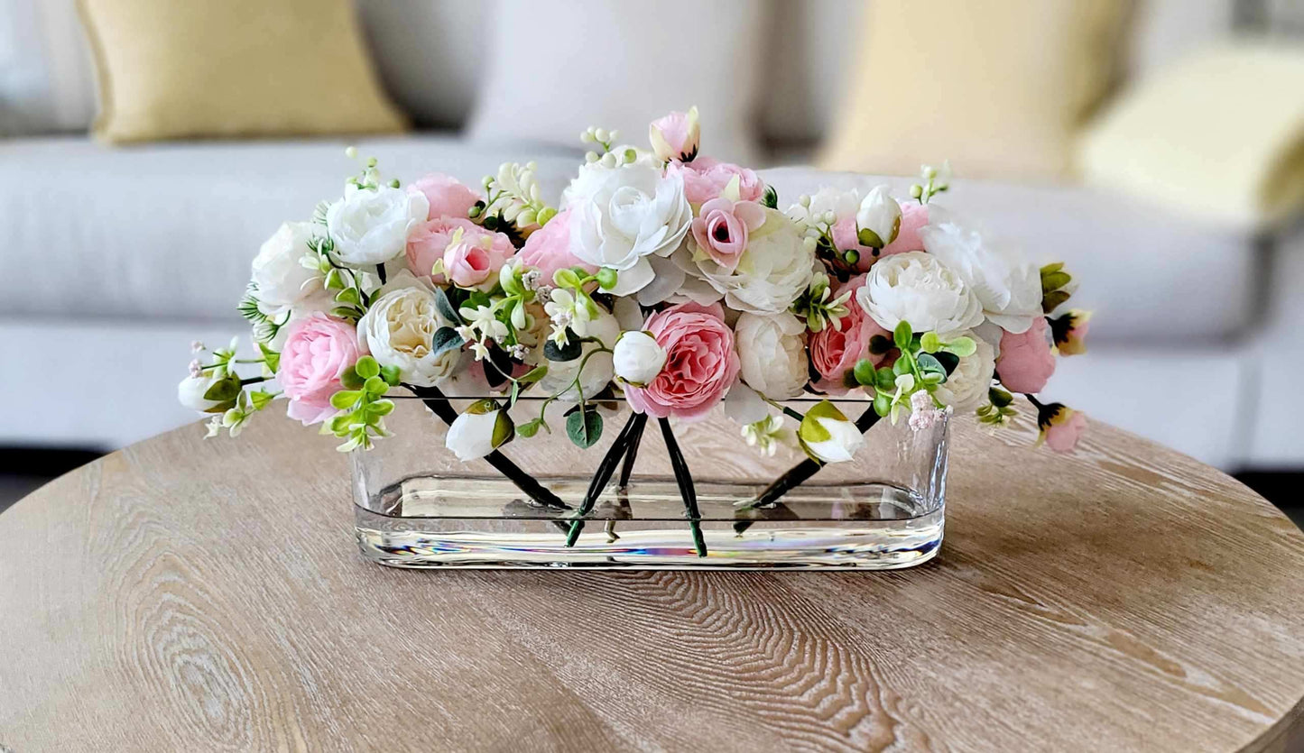Silk Flower Centerpiece – Real Touch Roses & Peonies in Rectangular Glass Vase
