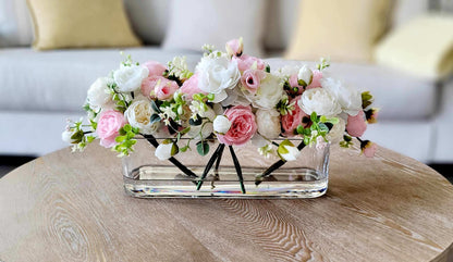 Silk Flower Centerpiece – Real Touch Roses & Peonies in Rectangular Glass Vase