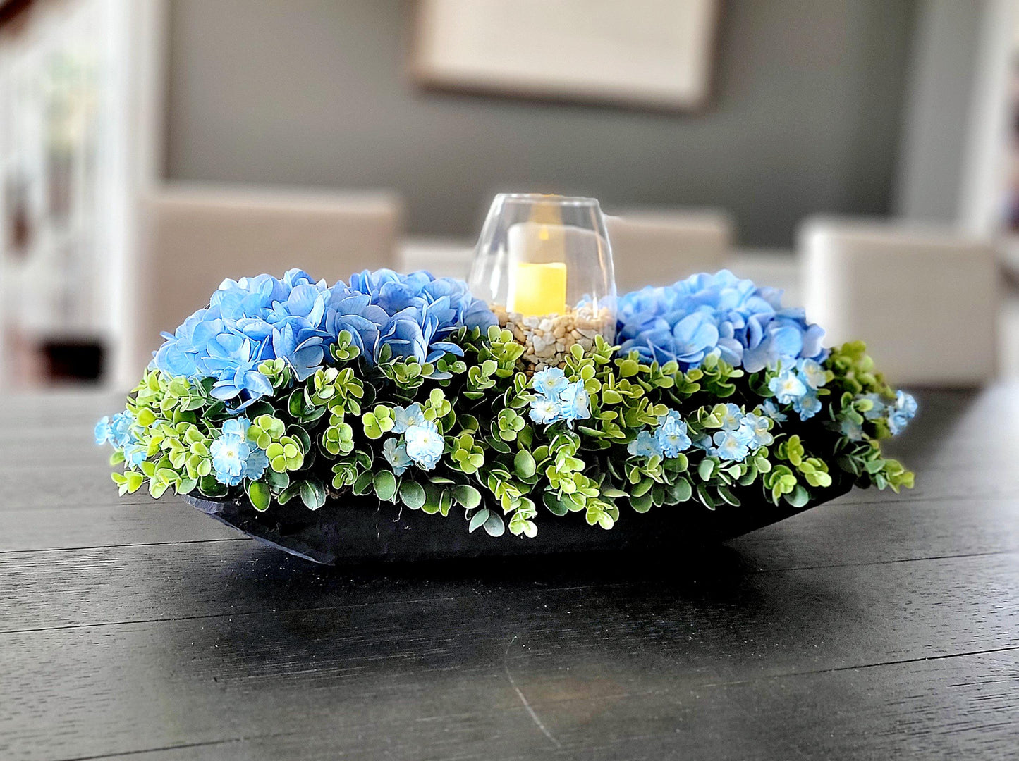 Candle Centerpiece Candle Arrangement Farmhouse Decor Blue Hydrangea Arrangement Greenery Arrangement Rustic Table Decor Dining table