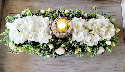 Dough Bowl Centerpiece – Handcrafted Farmhouse Floral Arrangement with Faux Hydrangeas