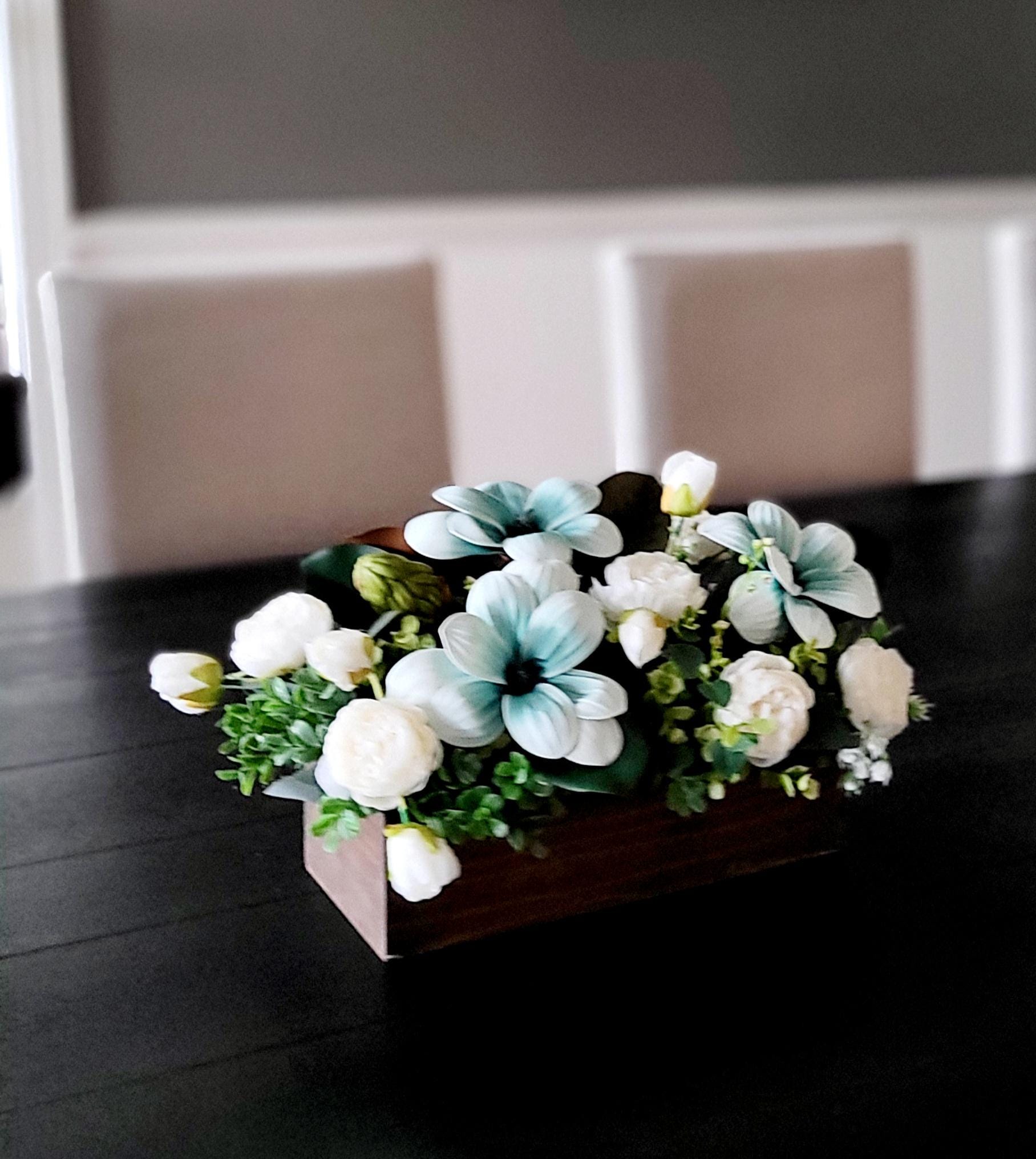 Custom Built Centerpiece Rustic Wood Design Magnolia Peony Flowers Silk Floral Arrangement Dining Table Decoration Elegant Home Accent Artificial Greenery Display Teal Color Details Farmhouse Style Decor Perfect Mantle Option Beautiful Gift