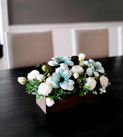 Custom Built Centerpiece Rustic Wood Design Magnolia Peony Flowers Silk Floral Arrangement Dining Table Decoration Elegant Home Accent Artificial Greenery Display Teal Color Details Farmhouse Style Decor Perfect Mantle Option Beautiful Gift