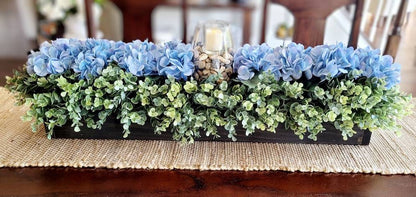 Farmhouse Table Centerpiece – Handcrafted Wood Box with Blue Hydrangea Arrangement