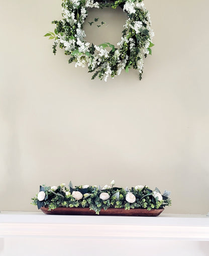 Dough Bowl Centerpiece – Handcarved Whitewash Silk Peony Farmhouse Arrangement