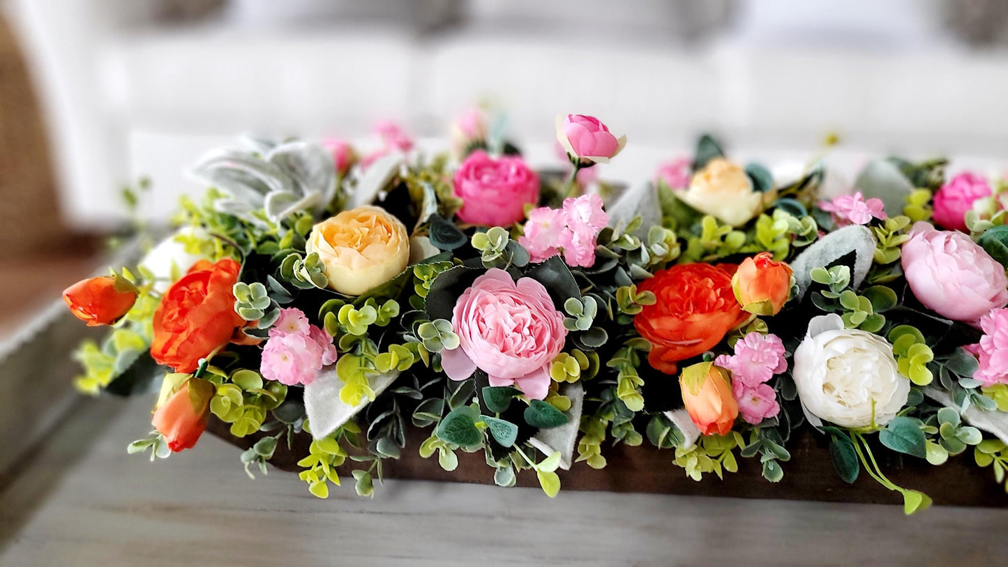 Faux Peony Centerpiece – Spring Floral Arrangement in Wooden Dough Bowl
