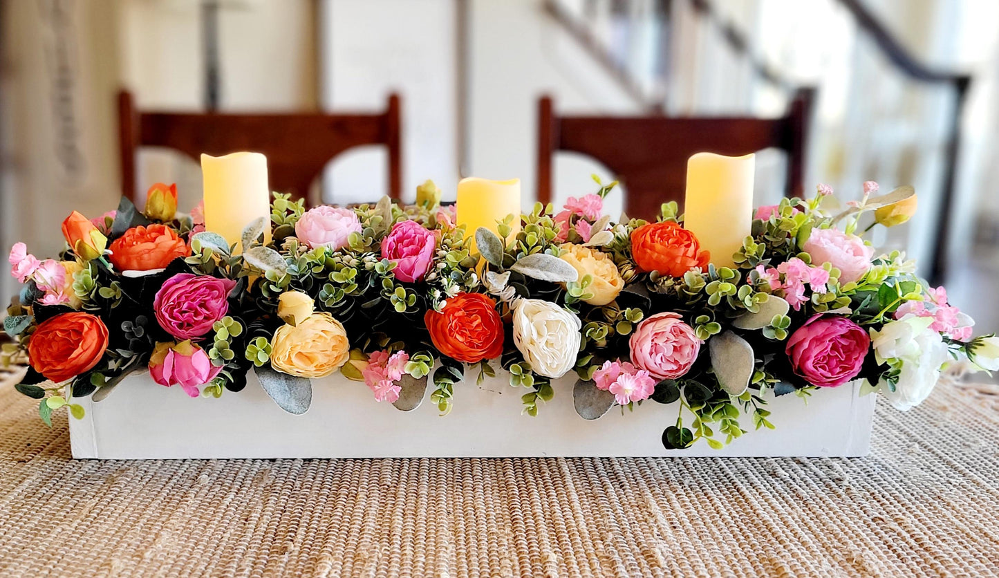 Artificial Flower Centerpiece Spring Peony Arrangement Battery Candles Included Wood Box Container Dining Table Decoration Spring Season Display Beautiful Faux Blooms Realistic Looking Flowers Elegant Home Accent Easter Table Ready Custom