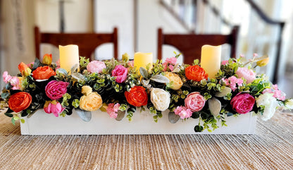 Artificial Flower Centerpiece Spring Peony Arrangement Battery Candles Included Wood Box Container Dining Table Decoration Spring Season Display Beautiful Faux Blooms Realistic Looking Flowers Elegant Home Accent Easter Table Ready Custom