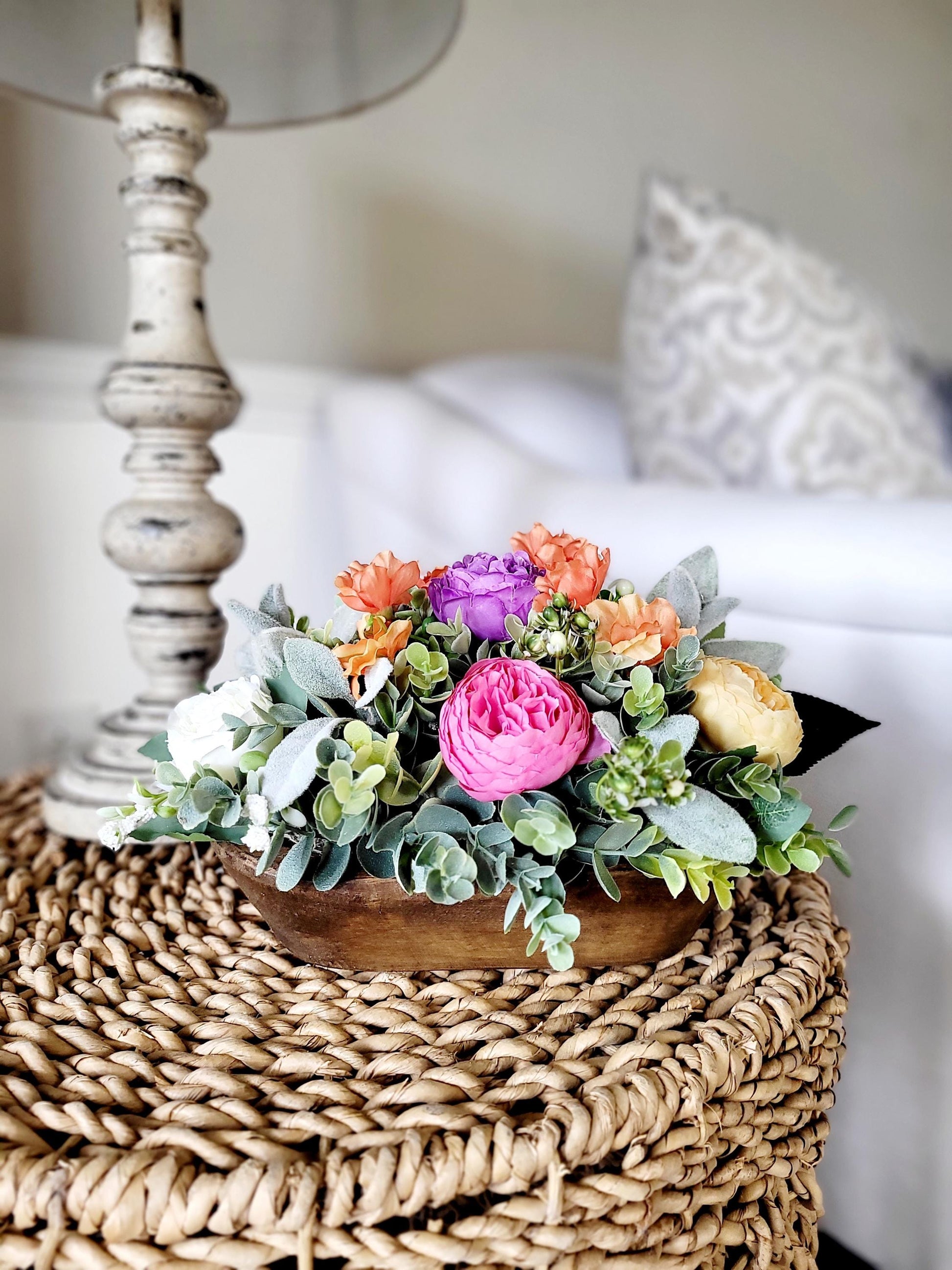 Wooden Dough Bowl Centerpiece Perfect Gift Idea Realistic Floral Arrangement Cream Peonies Display Farmhouse Style Accent Rustic Table Decoration Handcrafted Wood Design Elegant Home Decor Versatile Placement Option Mantel Arrangement