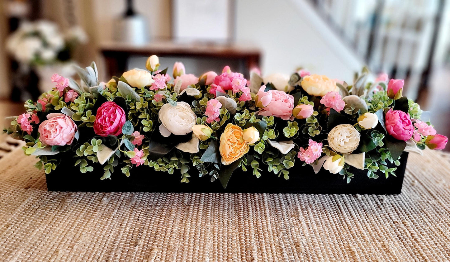 Dining Room Centerpiece Wood Box Container Silk Peony Arrangement Farmhouse Table Decoration Spring Kitchen Accent Artificial Flower Display Rustic Home Decor Seasonal Table Setting Beautiful Floral Design Stained Wood Finish Long