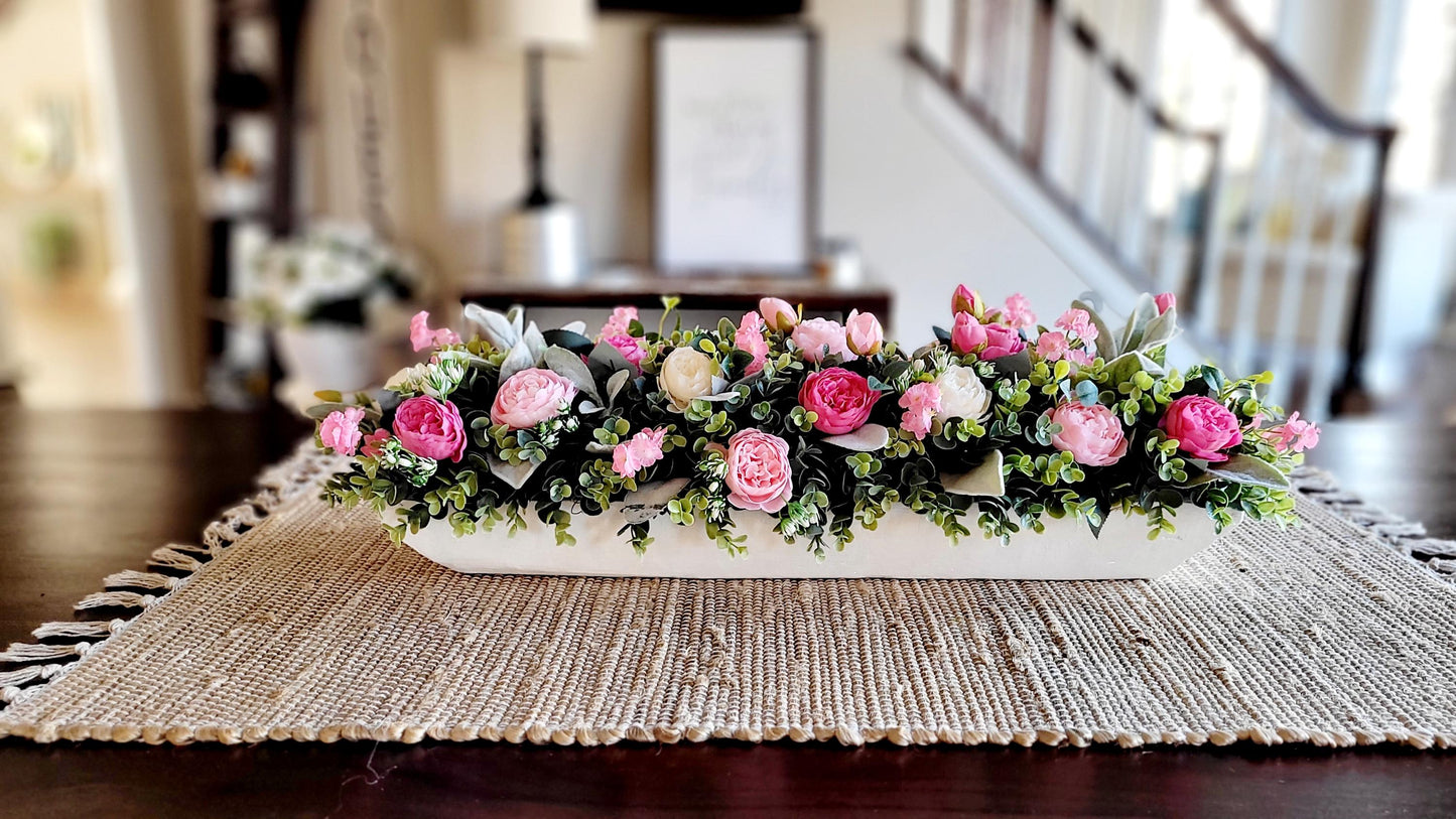 White Floral Centerpiece – Farmhouse Shabby Chic Dining Table Arrangement