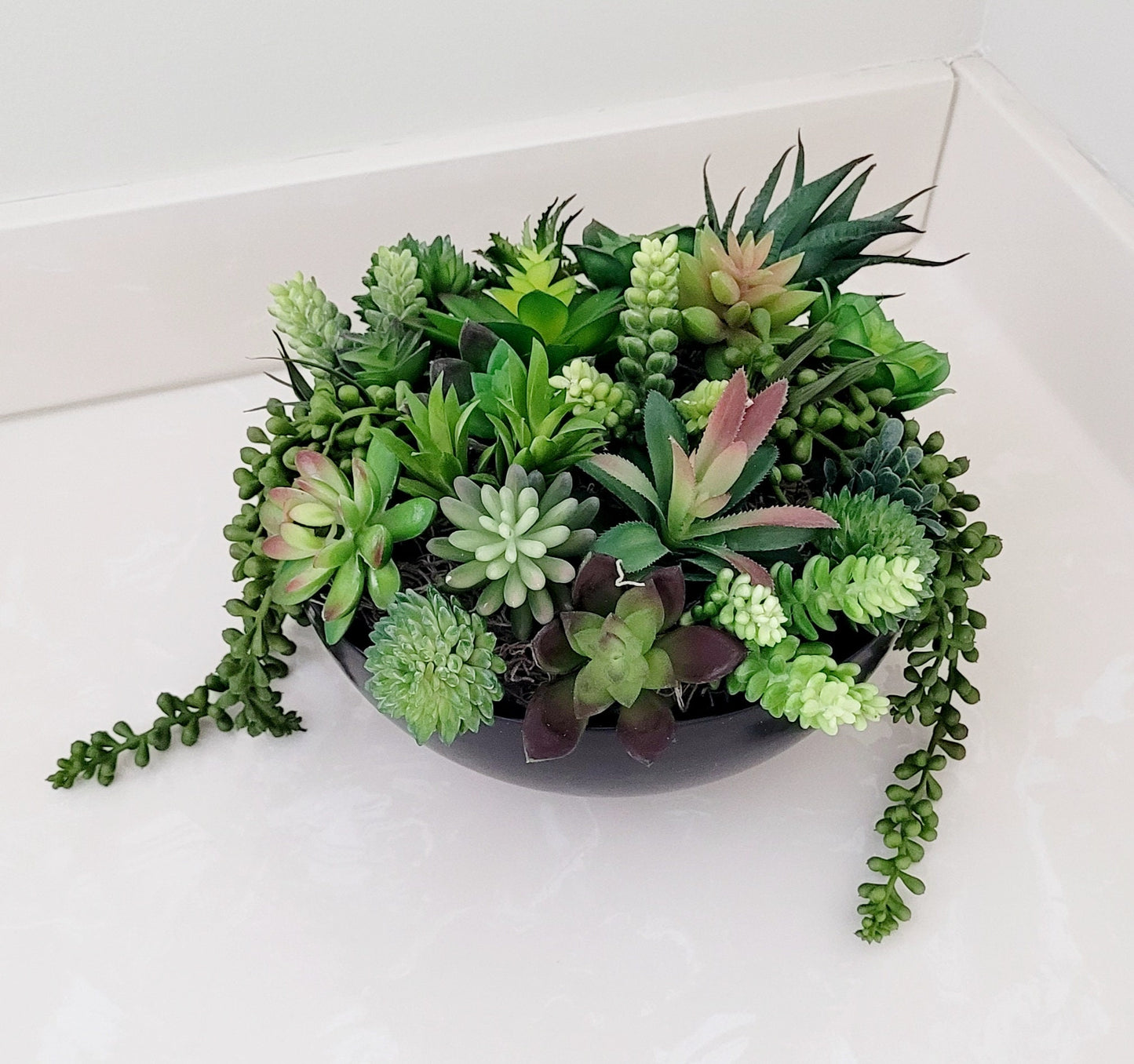 Faux Succulent Gift Arrangement Artificial Plant Modern Black Ceramic Planter Silk Succulents Perfect Office Desk Plant Gift Low Maintenance Workspace Styling Realtor Closing Gift Client Appreciation Present Corporate Business Gift