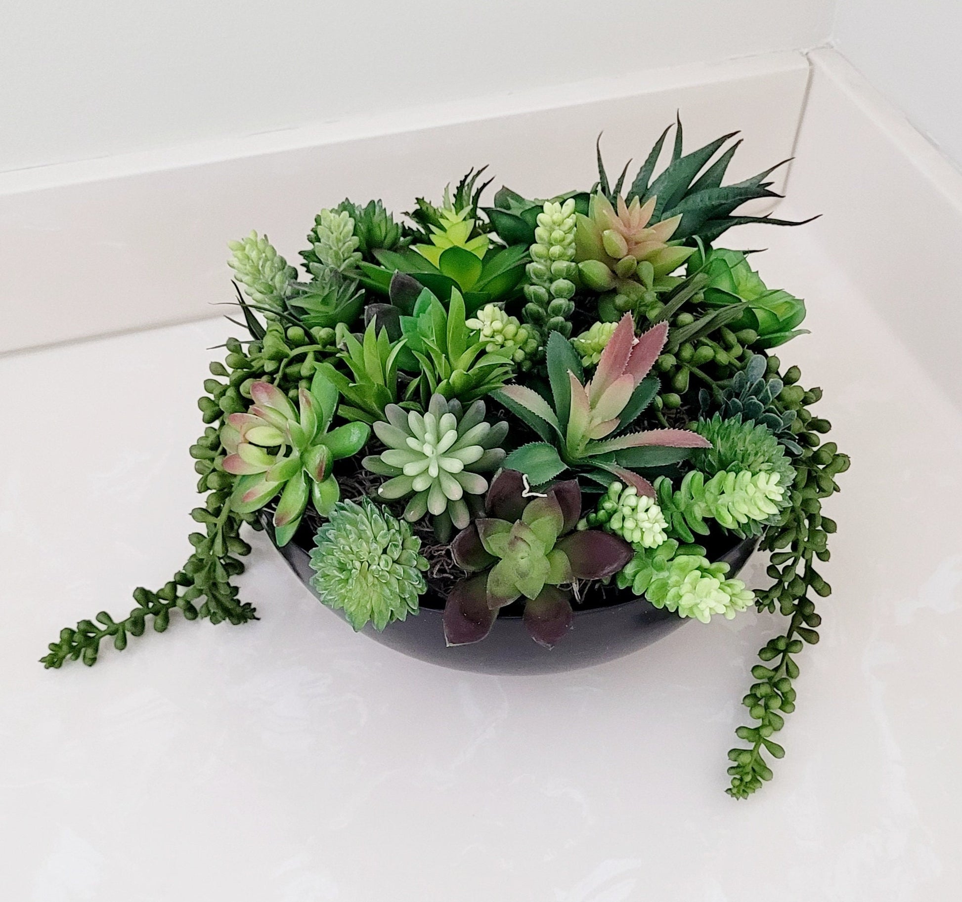 Faux Succulent Gift Arrangement Artificial Plant Modern Black Ceramic Planter Silk Succulents Perfect Office Desk Plant Gift Low Maintenance Workspace Styling Realtor Closing Gift Client Appreciation Present Corporate Business Gift
