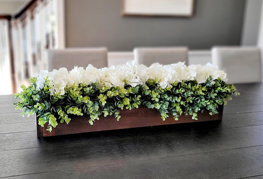Hydrangea Centerpiece Farmhouse Style Wooden Box Arrangement Long Table Decor Neutral Flower Display White Cream Mint Green Accents Rustic Home Design Country Chic Decoration Handmade Planter Box Living Room Accent Piece Kitchen Island