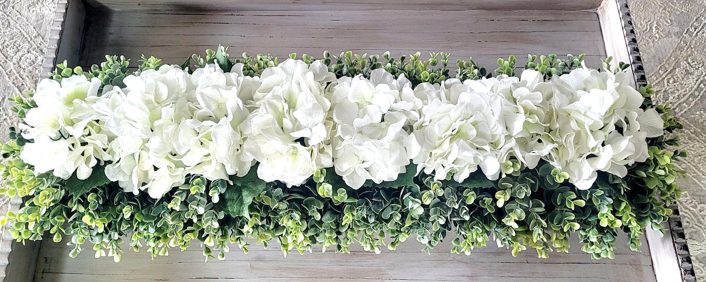 Farmhouse Hydrangea Centerpiece Wood Box Hydrangea Arrangement Mantle Wooden Box Centerpiece  Hydrangea Dining Room Farmhouse Greenery Decor