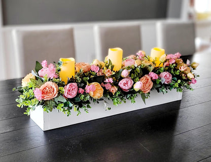 Spring Table Centerpiece Artificial Peony Arrangement Battery Operated Candles Custom Wood Box Container Dining Room Decoration Kitchen Table Decor Seasonal Spring Display Faux Flower Arrangement Elegant Home Accent Easter Season Ready