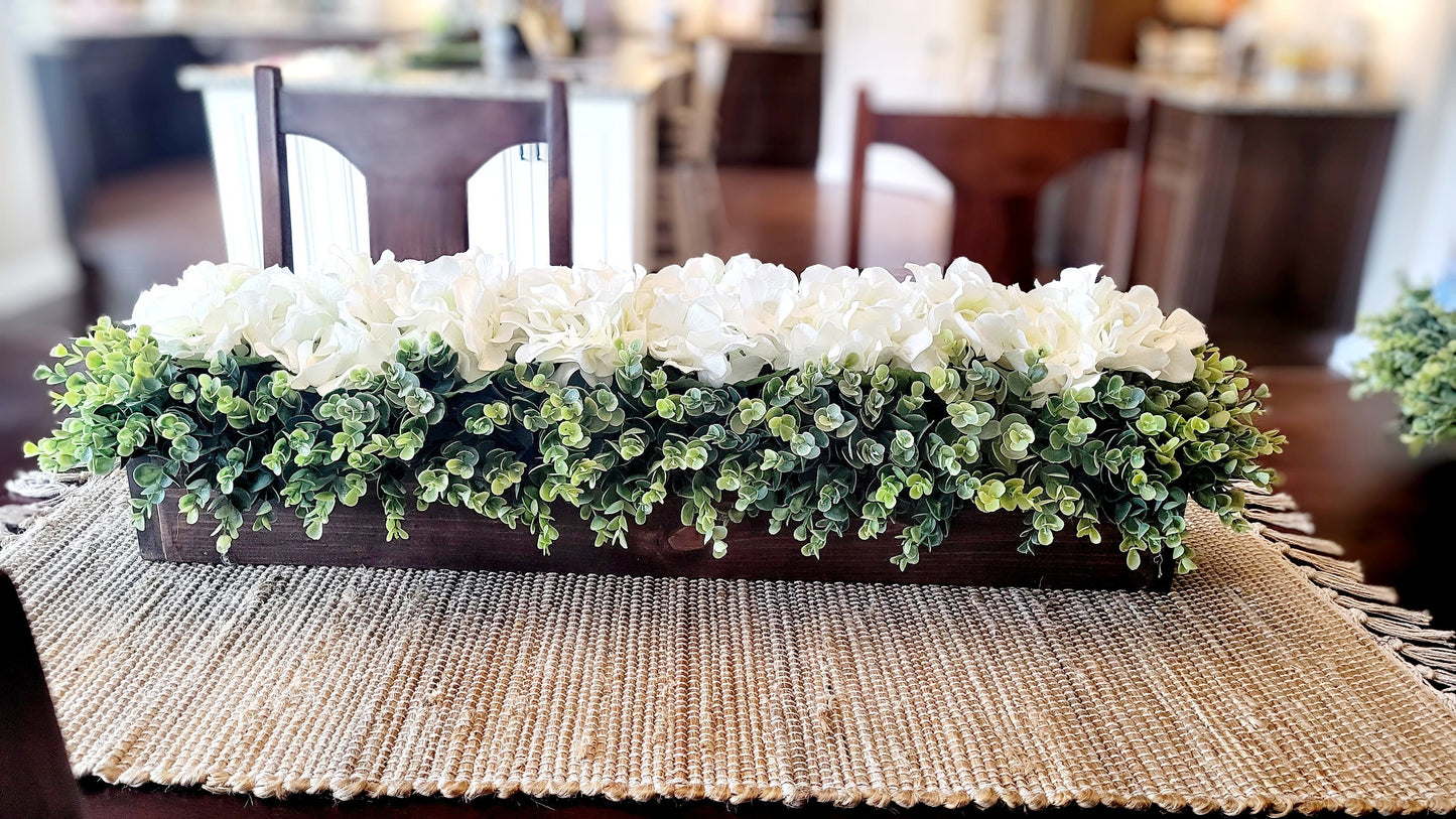 Farmhouse Hydrangea Centerpiece Wood Box Hydrangea Arrangement Mantle Wooden Box Centerpiece  Hydrangea Dining Room Farmhouse Greenery Decor