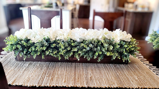 Farmhouse Hydrangea Centerpiece Wood Box Hydrangea Arrangement Mantle Wooden Box Centerpiece  Hydrangea Dining Room Farmhouse Greenery Decor