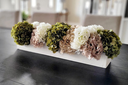 Dining table arrangement hydrangea floral centerpiece coffee table decor sage green flower decor wedding arrangement bridal flower wood box