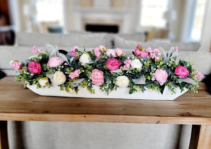 pink white decor pink wedding floral arrangement peony dough bowl dining room table arrangement Pink flower decorations spring decor mantle
